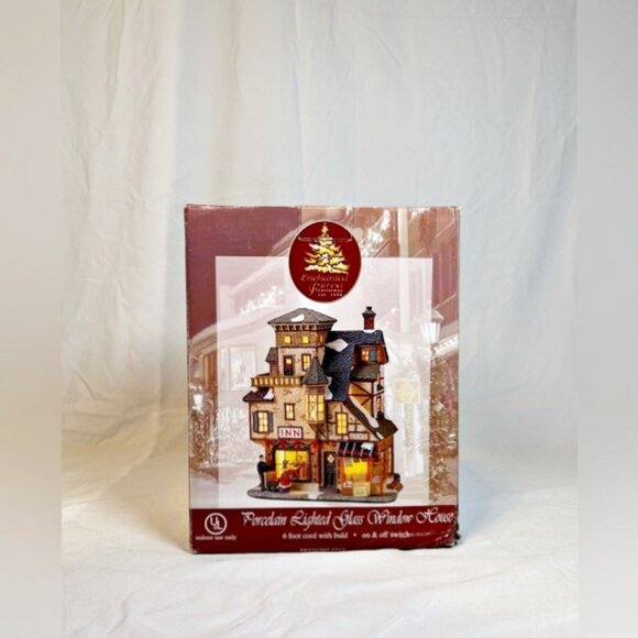 Vintage Lemax Enchanted Forest Christmas Porcelain Lighted Inn/News Glass House - Picture 1 of 10